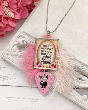 Handmade Double-Sided Quote Necklace Pink Feathers Guitar Pick Statement OOAK